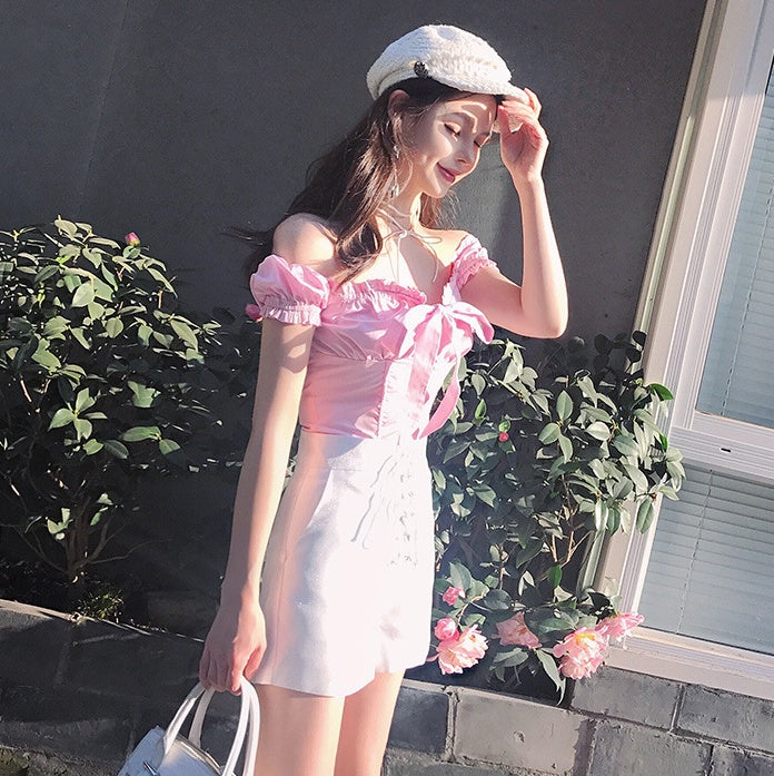 Sexy Bowknot Collar Shoulder-exposed Short-sleeved Women''s Shirt